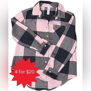 Justice Girls Pink & Black Plaid Button Down soft lightweight flannel size 8